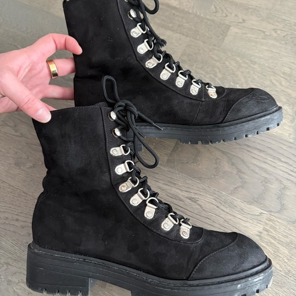 Black Faux Suede Combat Boot - Picture 4 of 8